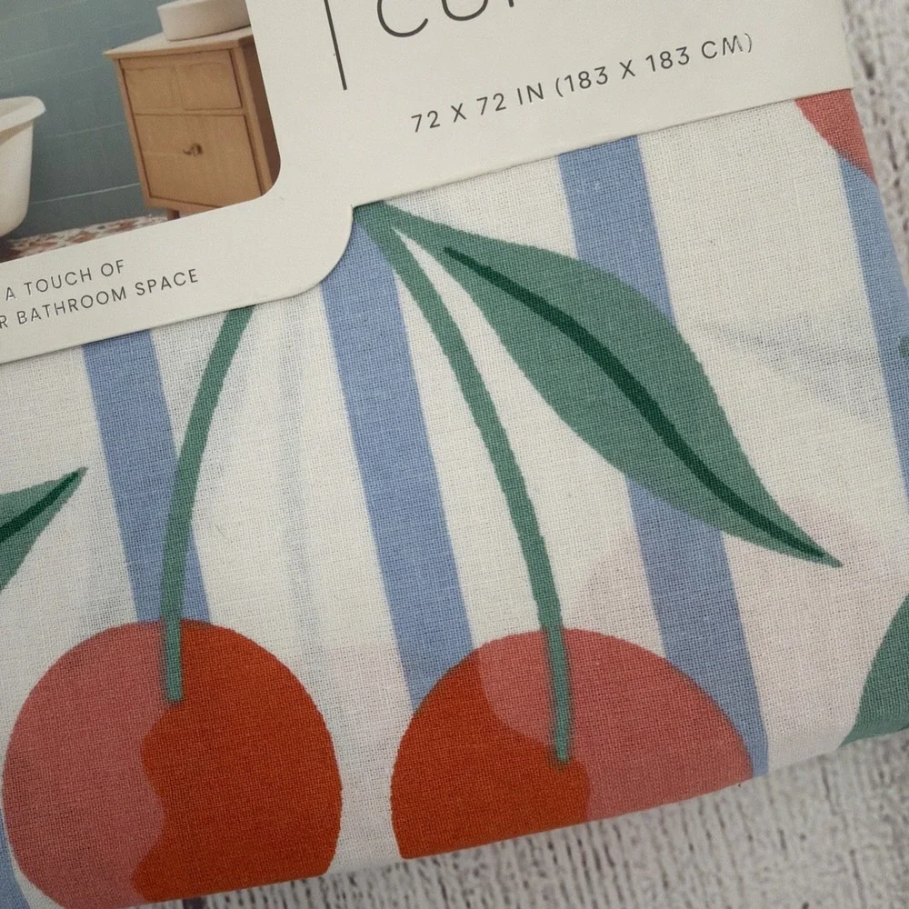 Whimsical Cherries Shower Curtain White Blue Stripe 100% Cotton Dream Home